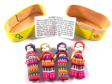 Traditional 4 Large Worry Dolls In a Yellow Wooden Box