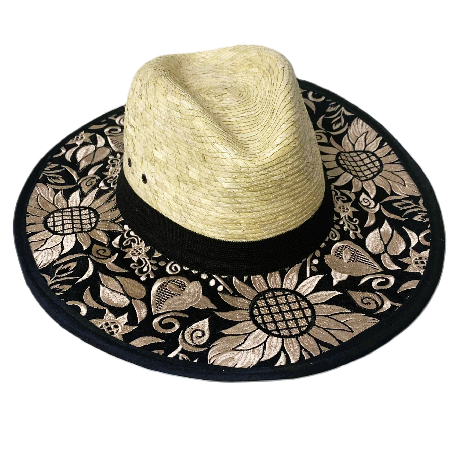 Palm Golden Sunflowers Hand Embroidered Sun Hats - Made in Mexico