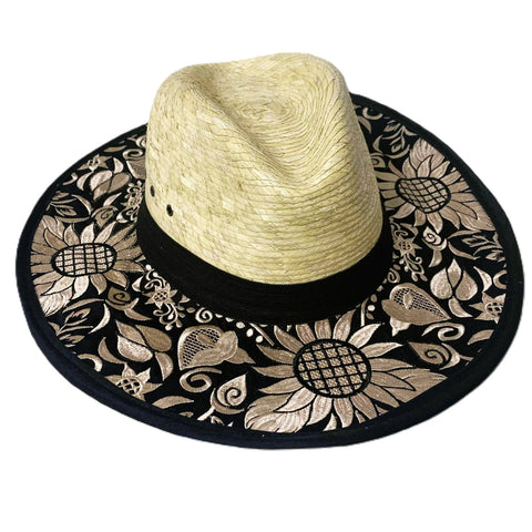 Palm Golden Sunflowers Hand Embroidered Sun Hats - Made in Mexico