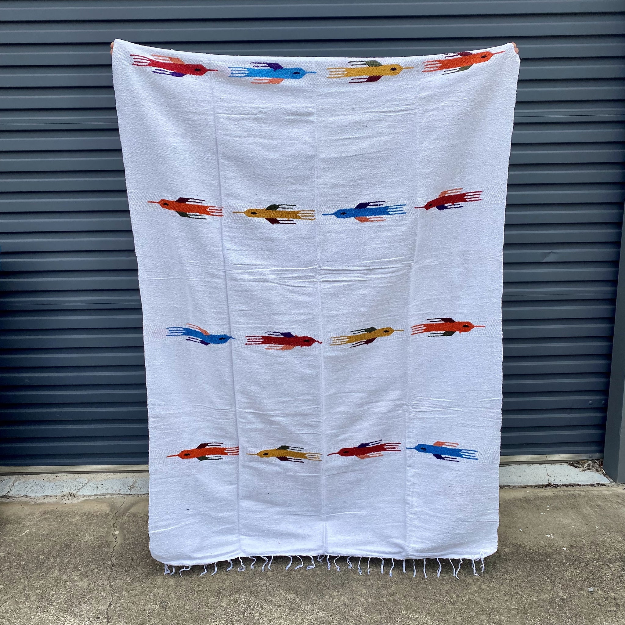 Bird Floor Rug Handwoven in Mexico White