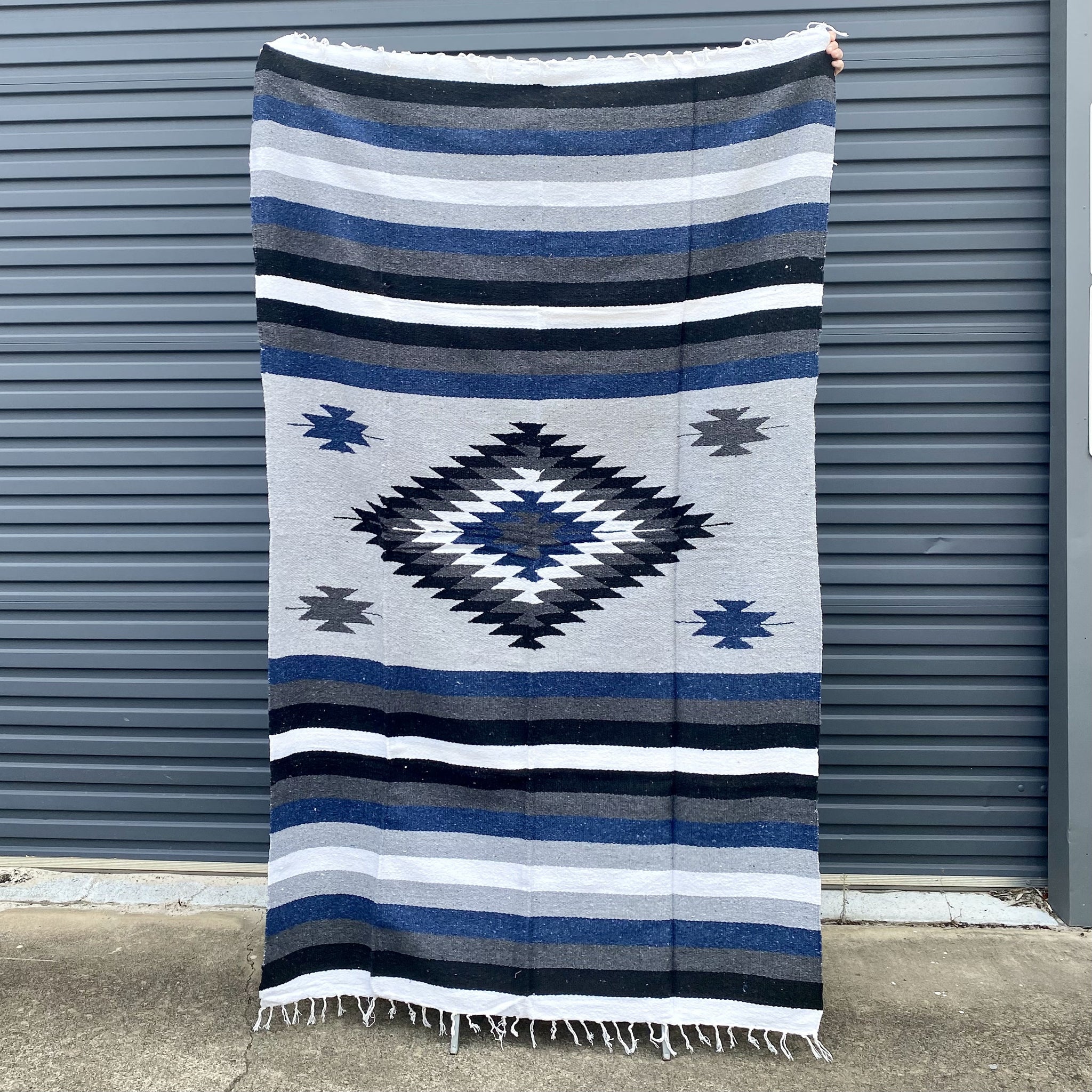 Aztec Design Floor Rugs Grey, White & Blue