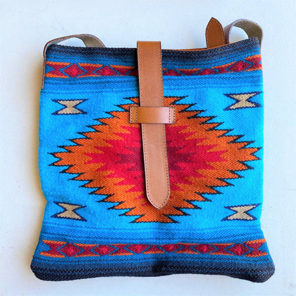 Fine Leather & Wool Bag Hand Embroider Textile Attachment- Handmade Ecuador