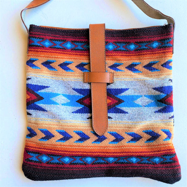 Fine Leather & Wool Bag Hand Embroider Textile Attachment- Handmade Ecuador