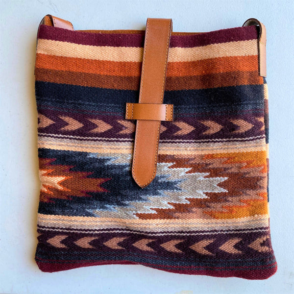 Fine Leather & Wool Bag Hand Embroider Textile Attachment- Handmade Ecuador