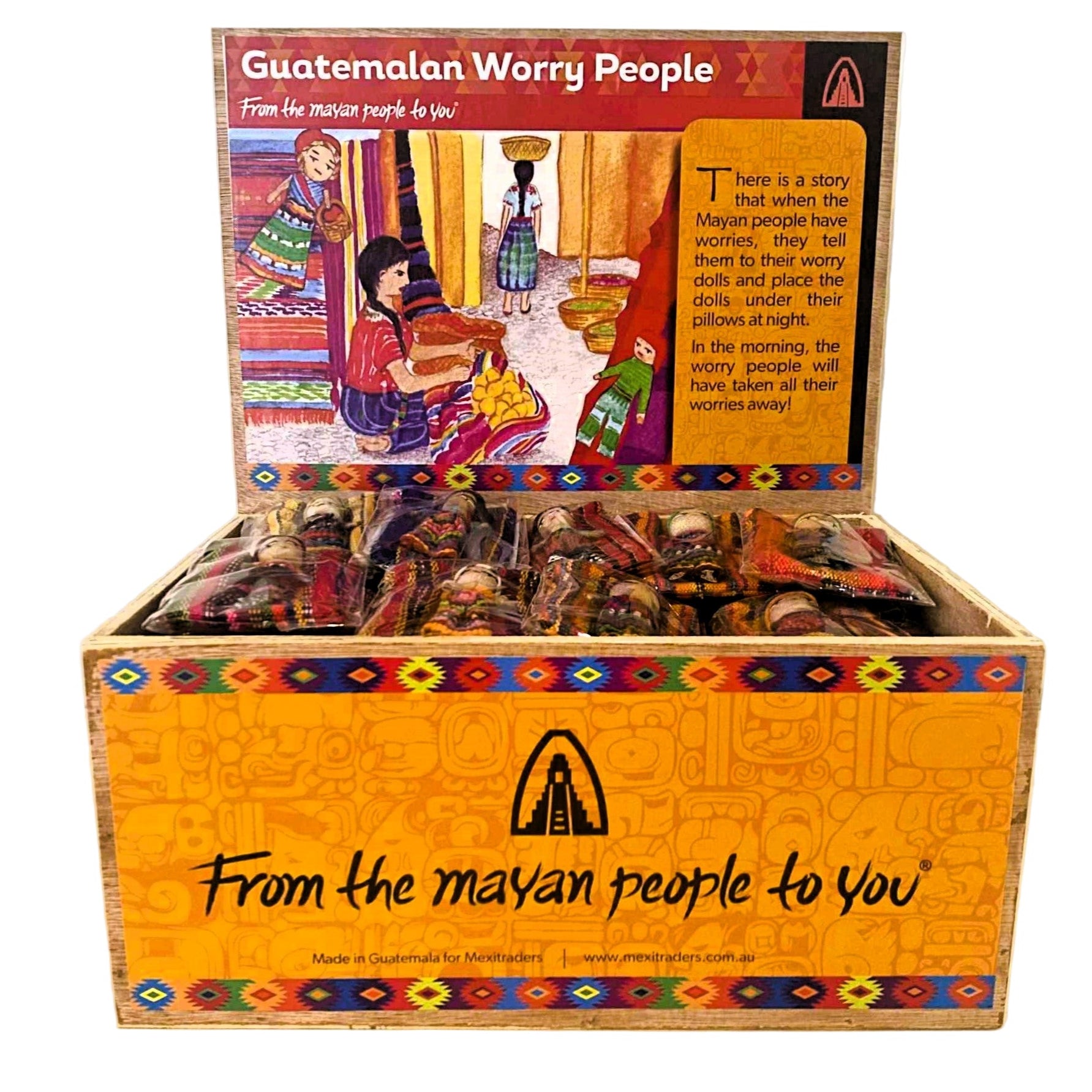 Box of Guatemalan Worry People dolls with colorful packaging and text.