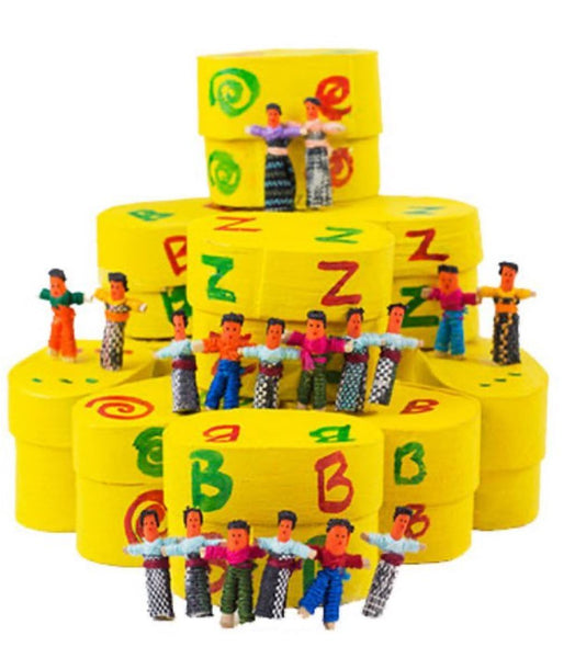Classic 6 Mini Worry Dolls In a Yellow Wooden Box Guatemala