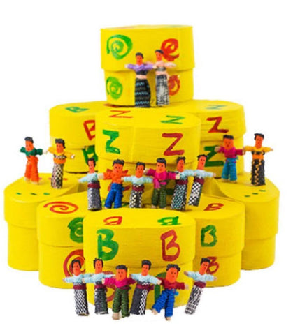 Classic 6 Mini Worry Dolls In a Yellow Wooden Box Guatemala