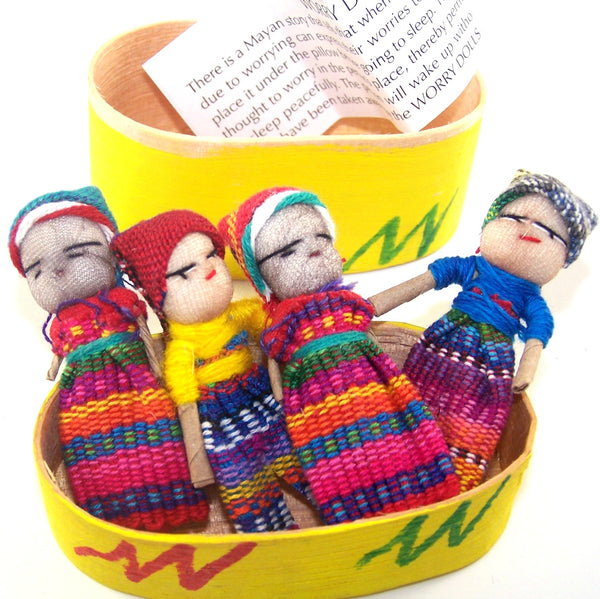 Traditional 4 Large Worry Dolls In a Yellow Wooden Box
