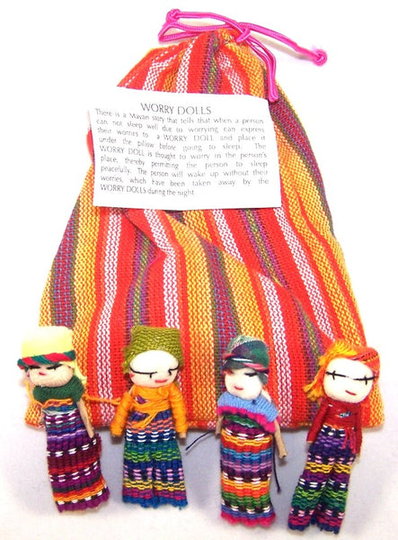 Worry Dolls Handmade Guatemala Four (4) Large Worry Dolls in Textile Bag