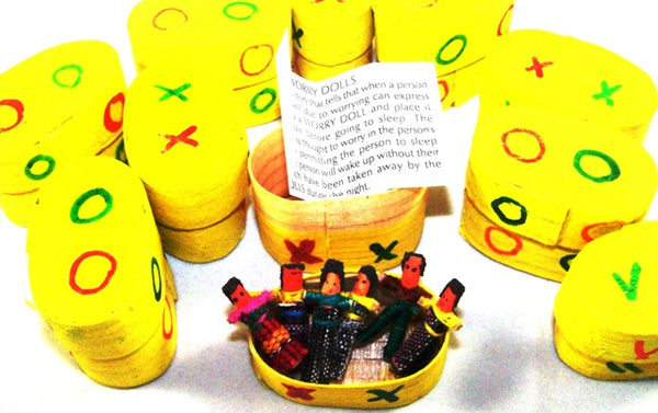 Classic 6 Mini Worry Dolls In a Yellow Wooden Box Guatemala