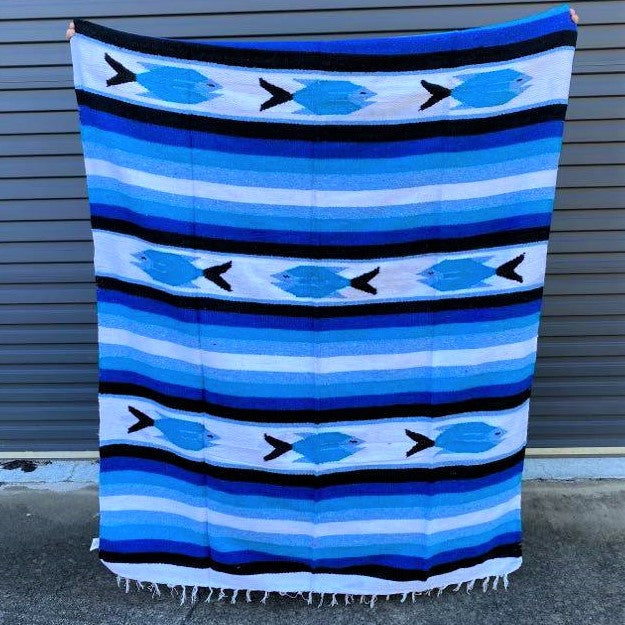 Fish Floor Rug Handwoven in Mexico Blue and White