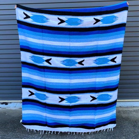 Fish Floor Rug Handwoven in Mexico Blue and White
