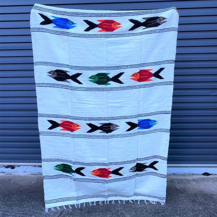 Fish Floor Rug Handwoven in Mexico White