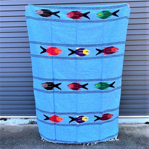 Fish Floor Rug Handwoven in Mexico Light Blue