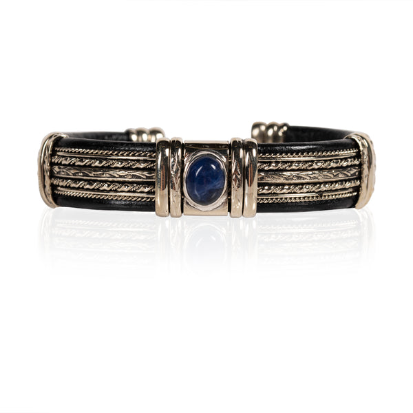 Leather and Alpaca Silver Bracelets -Wide Style with Lapis lazuli Handmade in Taxco, Mexico