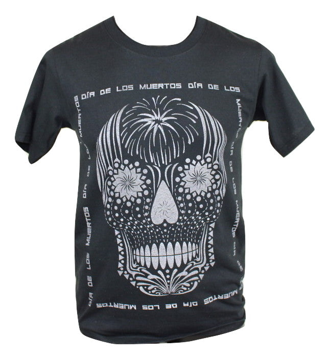 Day of the Dead T Shirt Men Cotton Made in Mexico Text Around Black