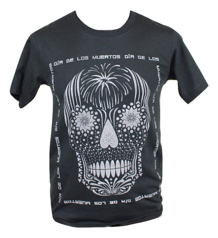 Day of the Dead T Shirt Men Cotton Made in Mexico Text Around Black