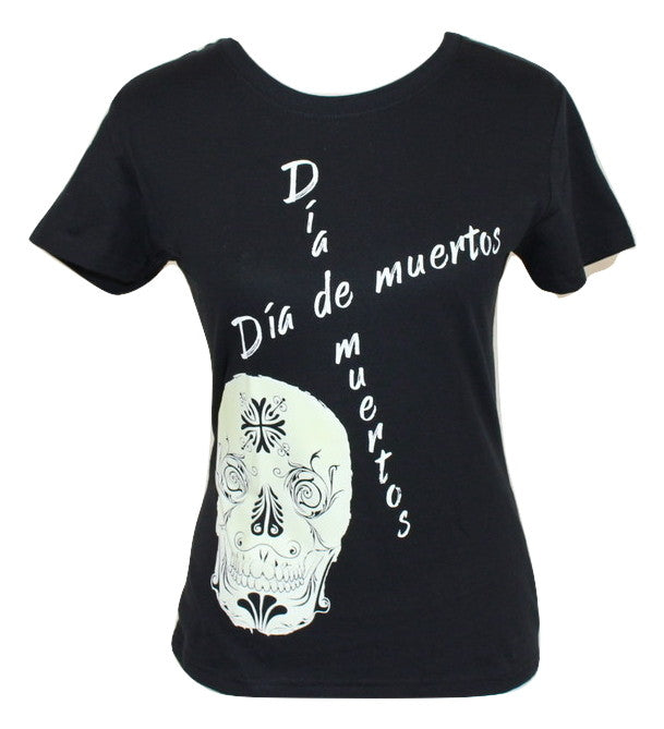 Day of the Dead T Shirt Women Cotton Made in Mexico Glow in the Dark Black